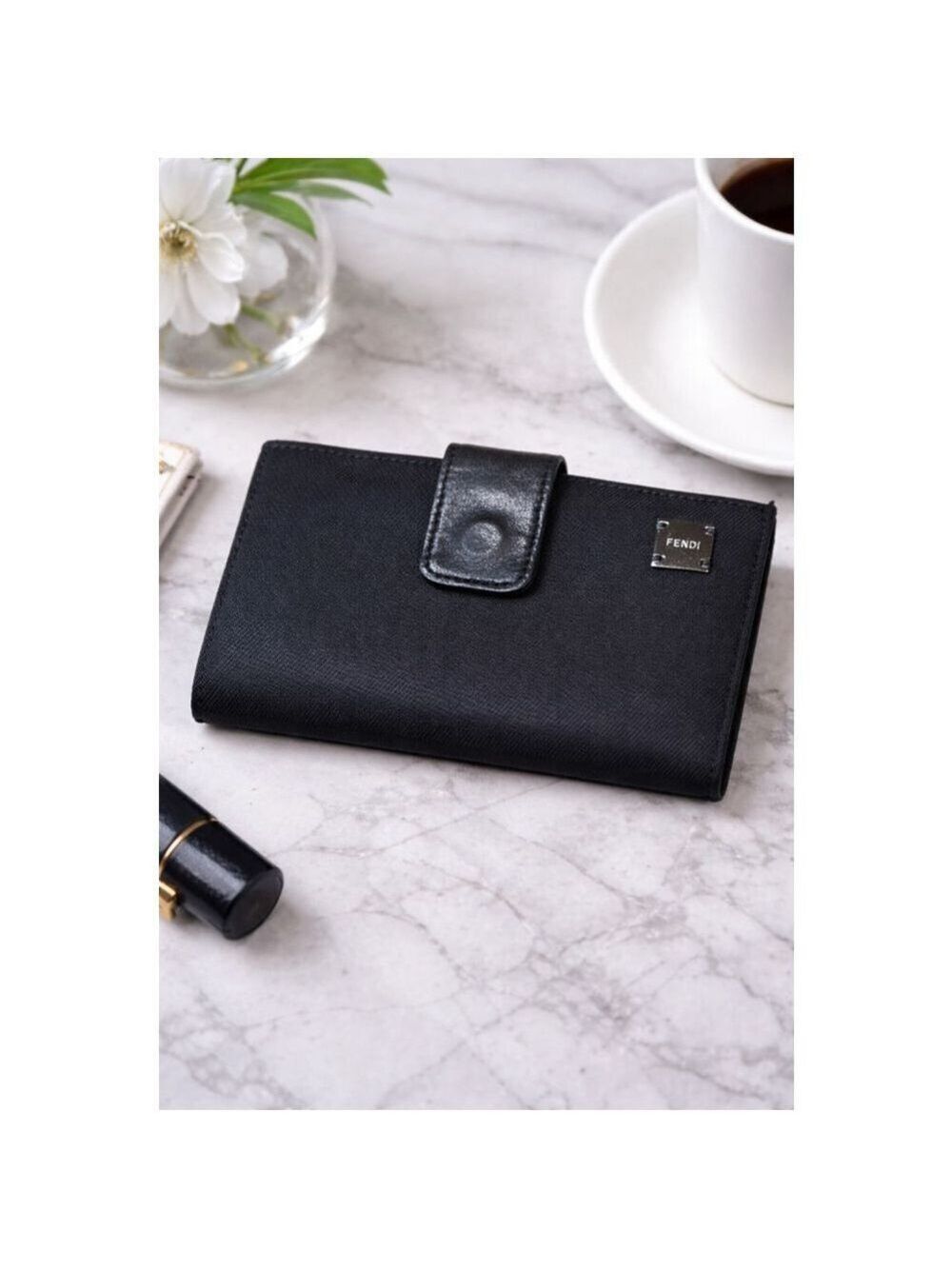 Fendi Black Leather and Canvas Bi-Fold Wallet